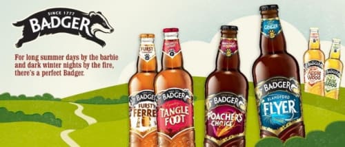 Badger beer range display showing Furst Ferre, Tangle Foot, Poachers Choice and Blandford Flyer bottles