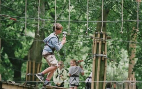 Child on rope course at Three Little Pigs adventure park, Blandford Forum