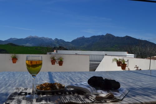 a glass of wine with the sierra de grazalema in the background