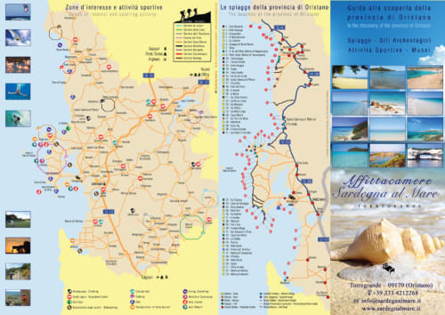 Mappa guida turistica che mostra le spiagge, le attività sportive e le attrazioni della provincia di Oristano a Torre Grande, Sardegna