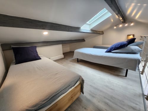 Modern attic bedroom at Domaine à l'Aise with two beds, skylight, exposed beams, and wooden flooring in Saint-Pargoire