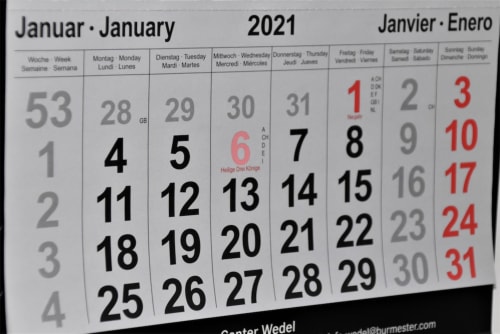 Kalender Januar 2021 für das Hotel La Conciergerie De Franck in Boissieres, Frankreich
