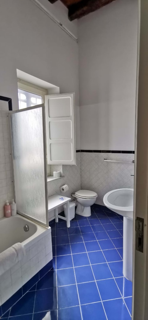 Modern bathroom at Casa Bellini Palermo with blue tiled floor, white fixtures, and shower in Apartment Luce