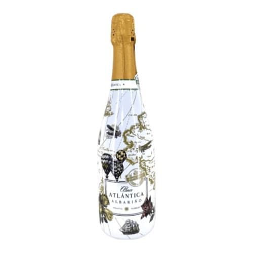 Botella de vino espumoso Atlántica Albariño con diseño de mapa náutico, ideal para la hospitalidad gallega en Cabañas Compostela