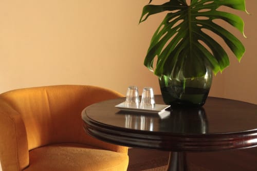 Elegant lounge area at Villa Várzea with orange chair, dark round table, green Monstera plant, and glasses in Várzea,