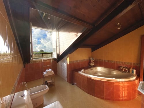 Spacious bathroom at Villa Várzea with corner tub, toilet, orange tile walls, and countryside views through skylight window