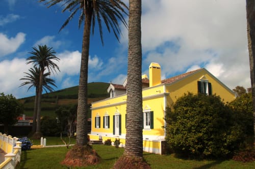 Villa Várzea B&B in Várzea, Portugal: bright yellow house with palm trees, green hillside, and manicured grounds under blue