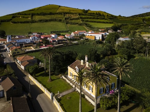 Yellow house with palm trees at Villa Várzea in Várzea, Portugal, surrounded by lush green hills