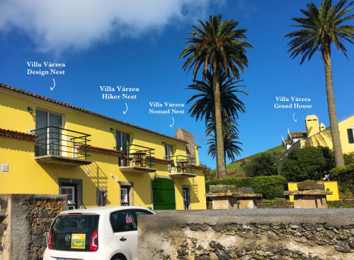 Yellow Villa Várzea with palm trees and mountain views in Várzea, Portugal, showing Design Nest accommodation