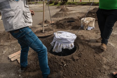Archaeologists excavating circular structure at Villa Várzea dig site in Várzea, Portugal