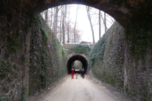 Passatge de túnel de pedra a l'Estació del Nord de Vic, Barcelona, amb parets cobertes de heura i visitants passejant