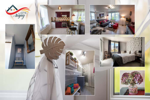 Au Gite d'Isigny bed & breakfast rooms: kitchen, living area, bedroom, bathroom, and décor in Isigny-sur-Mer