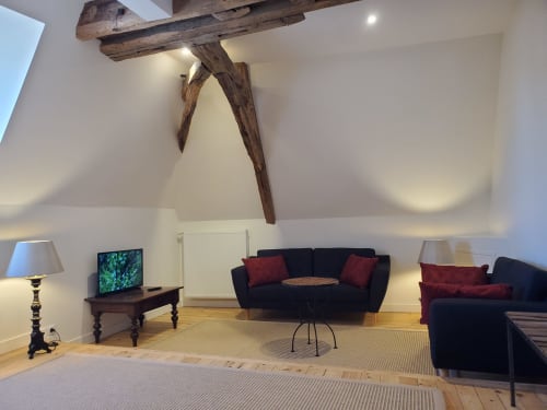 Modern gastenverblijf in het Logis des Tourelles in Cognac met blootliggende balken, zwarte bank, open haard en houten meubels