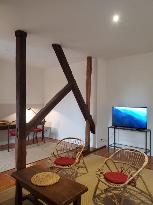 Moderne woonkamer in Logis des Tourelles Cognac met houten balken, rieten stoelen, televisie en uitzicht op de tuin