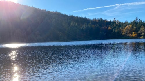 Vue pittoresque du lac à la Villa Valtin au Valtin avec montagnes boisées et eau scintillante au soleil