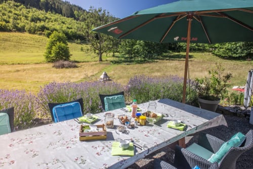 Coin repas extérieur à la Villa Valtin au Valtin avec lavande, parasol vert et vue sur les montagnes