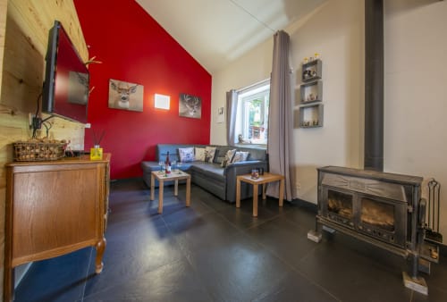 Salon moderne de Villa Valtin avec mur d'accent rouge, cheminée, canapé gris, vue montagne et finitions sombres