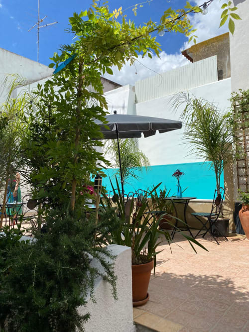 Terraço ensolarado no Patio Da Villa em Coruche com piscina turquesa, guarda-sol preto, palmeiras em vasos e espreguiçadeiras