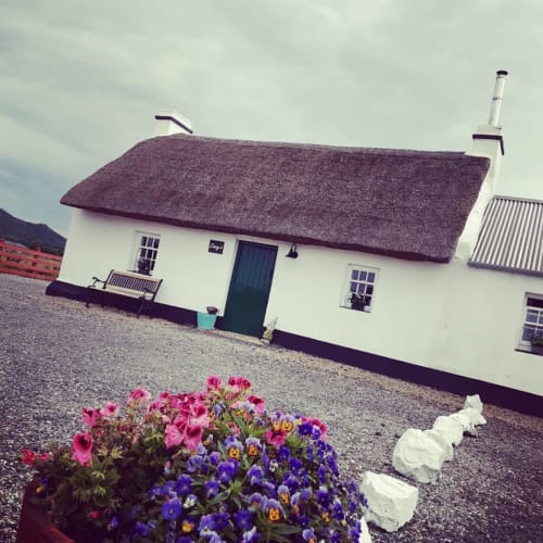Cissy's Cottage at Ballymultimber, Limavady - whitewashed cottage with thatched roof and colorful flowers