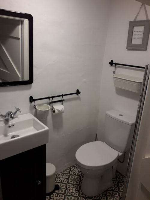 Clean bathroom in Cissy's Cottage at Ballymultimber Cottages, Limavady with white sink, toilet, shower, and black accents