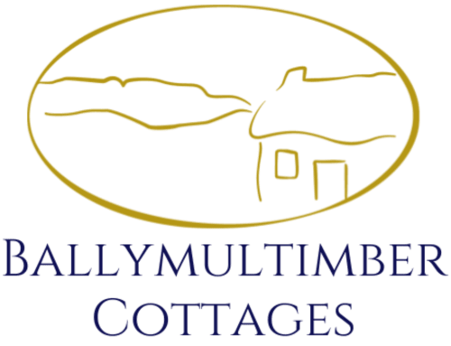 Ballymultimber Cottages logo featuring a golden outline of rural cottages near Limavady, Ireland
