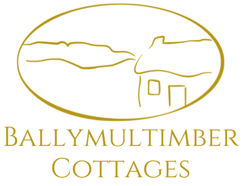 Ballymultimber Cottages logo featuring a gold outline of rural cottages in Limavady