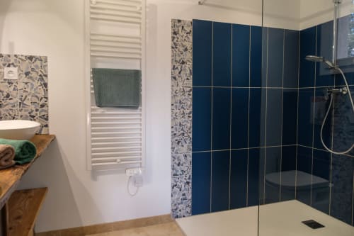 Salle de bain élégante avec douche à l’italienne et touches contemporaines.