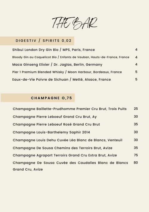 Carte du bar La Guirtelle présentant spiritueux digestifs et sélection de champagnes à Lainsecq