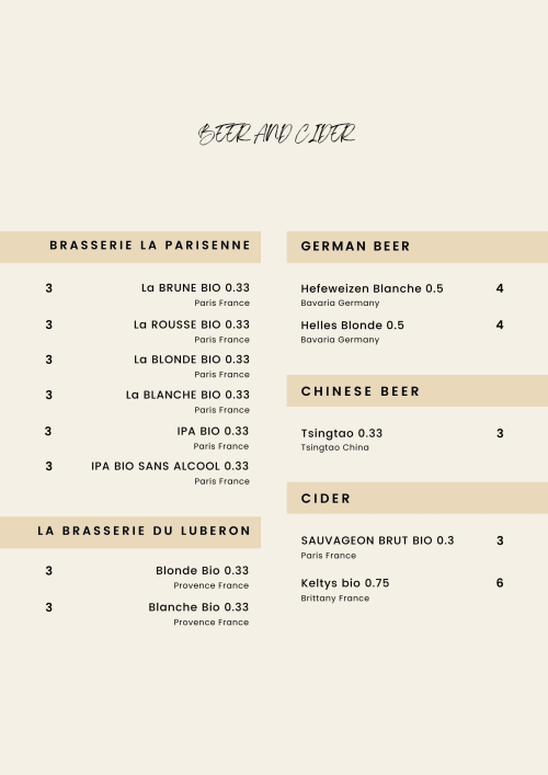 Carte des bières et cidres de La Guirtelle proposant des bières françaises, allemandes et chinoises avec tarifs à Lainsecq