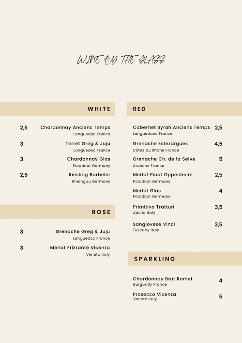 Carte des vins au verre du B&B La Guirtelle à Lainsecq, France : vins blancs, rouges, rosés et effervescents
