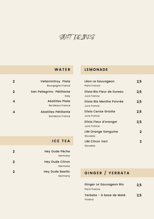 Carte des boissons sans alcool à La Guirtelle B&B à Lainsecq, France : eau, citron pressé, thé glacé et boissons au gingembre