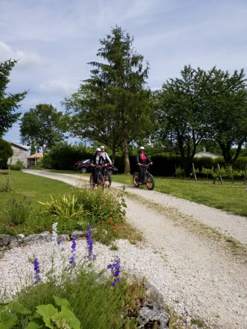 Cyclistes sur un chemin de gravier près du Logis des Tourelles B&B à Cognac, entourés de jardins et d'arbres