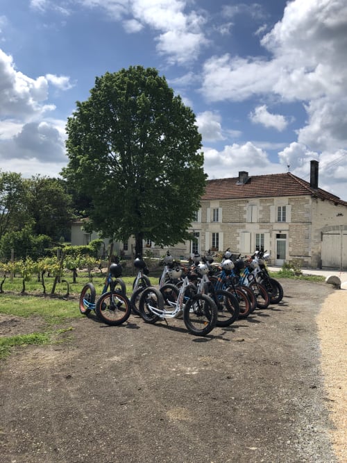 Groupe de vélos garés dans la cour du gîte Logis des Tourelles à Cognac, avec maison de pierre et vignoble