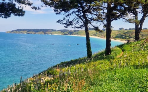 Vue du sentier côtier sur la magnifique plage des grands sables, idéale pour la baignage, le paddle, le kayak, la voile et la détente - les maisons de kerdavid ile