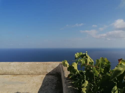 Vista costiera da Miravilla Salina con ringhiera in pietra, vigneto e Mar Mediterraneo a Santa Marina Salina, Italia