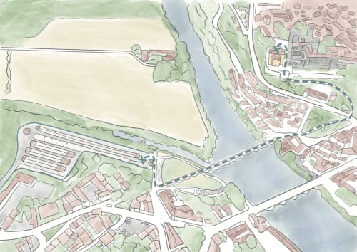 Mapa aéreo del Hotel La Prison en Béziers mostrando su ubicación junto al río con edificios y terrenos