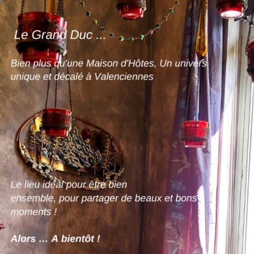 Elegant pendant lights with red shades at Le Grand Duc boutique hotel in Valenciennes