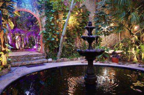 Tranquilidad nocturna en el jardín de meditación del Hotel Boutique Villa Mérida. La foto captura la fuente serena e iluminada, proyectando un brillo relajante que realza la atmósfera relajante de nuestro retiro