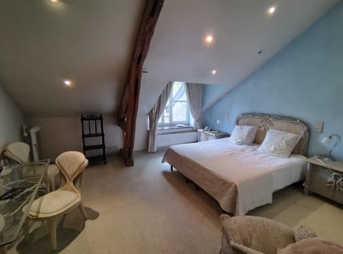 Chambre spacieuse du Château d'Hassonville avec lit queen-size, murs bleu clair, plafond cathédrale, fenêtre et équipements modernes.