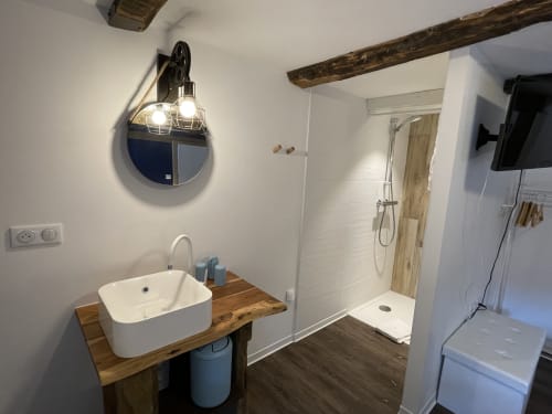 Miroir | Lavabo | Robinet | Téléviseur | Douche