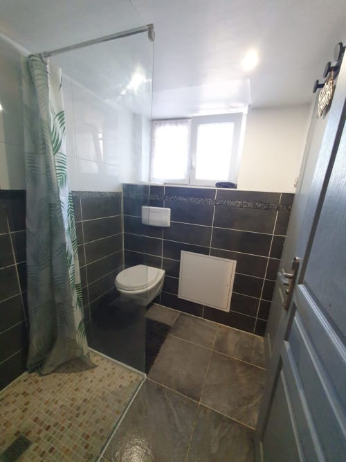 Salle de bains moderne aux murs carrelés noirs, toilettes, douche vitrée et fenêtre de l'appartement NancyRoom