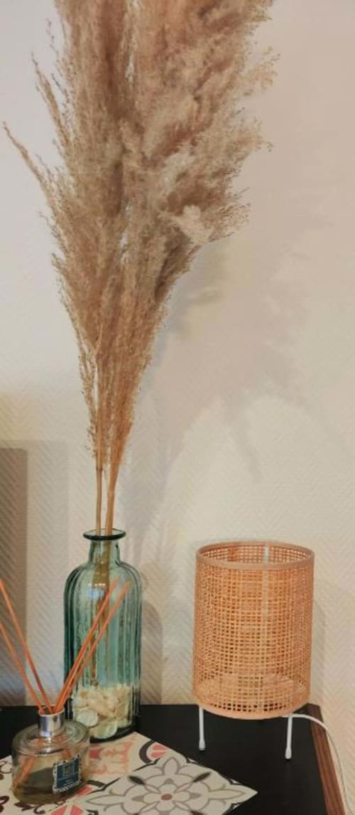 Décoration minimaliste à La Conciergerie de Nathalie Dinan : herbes de la Pampa séchées dans un vase en verre vert avec panier tissé et roseau
