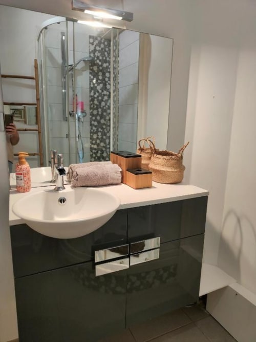 Salle de bain moderne du Garden Studio à La Conciergerie de Nathalie, Dinan avec vasque noire, lavabo blanc et douche ouverte