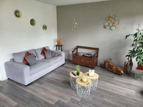 Coin salon moderne dans un appartement de Dinan avec canapé gris, art mural décoratif, meubles en bois et plantes en pot