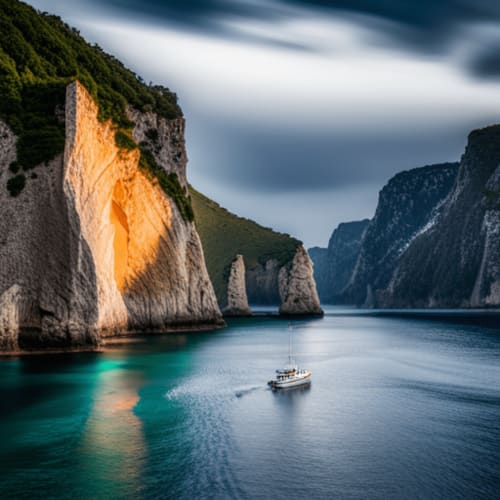 Dramatic white limestone cliffs with turquoise waters and anchored sailboat in scenic coastal canyon