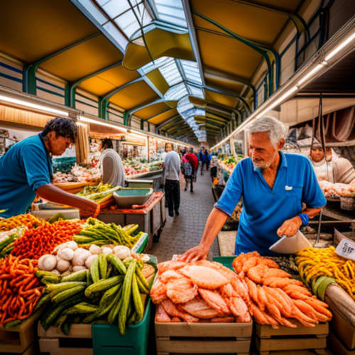 Vibrant farmers market in Belgrade with vendors selling fresh vegetables and produce under arched glass ceiling