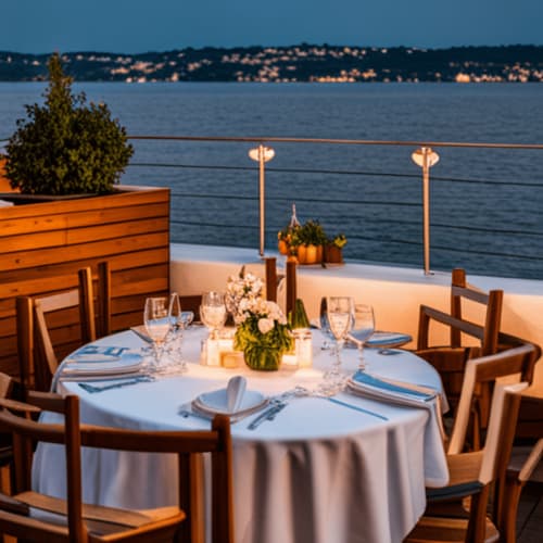 Elegant waterfront dining setup at Hotel Santorini Belgrade with set table overlooking illuminated shoreline at dusk