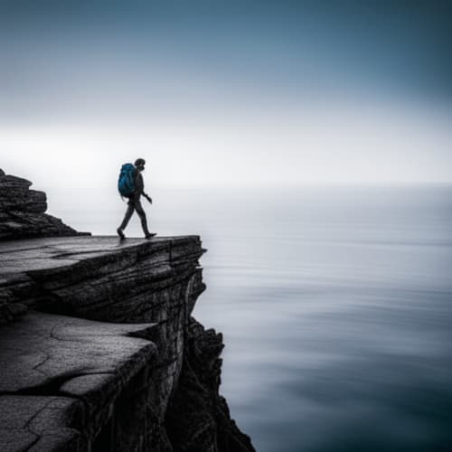Hiker with blue backpack standing on rocky cliff overlooking calm water near Hotel Santorini Belgrade