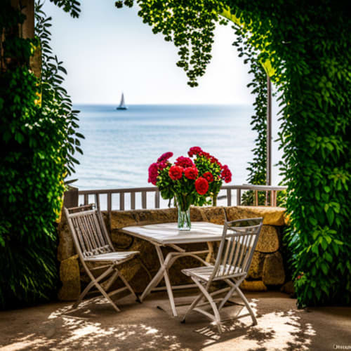 Seaside dining setup at Hotel Santorini with red roses, wooden chairs, and sailboat view