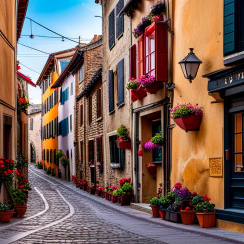 Charming cobblestone alley at Hotel Santorini Belgrade with colorful buildings, hanging flowers, and traditional